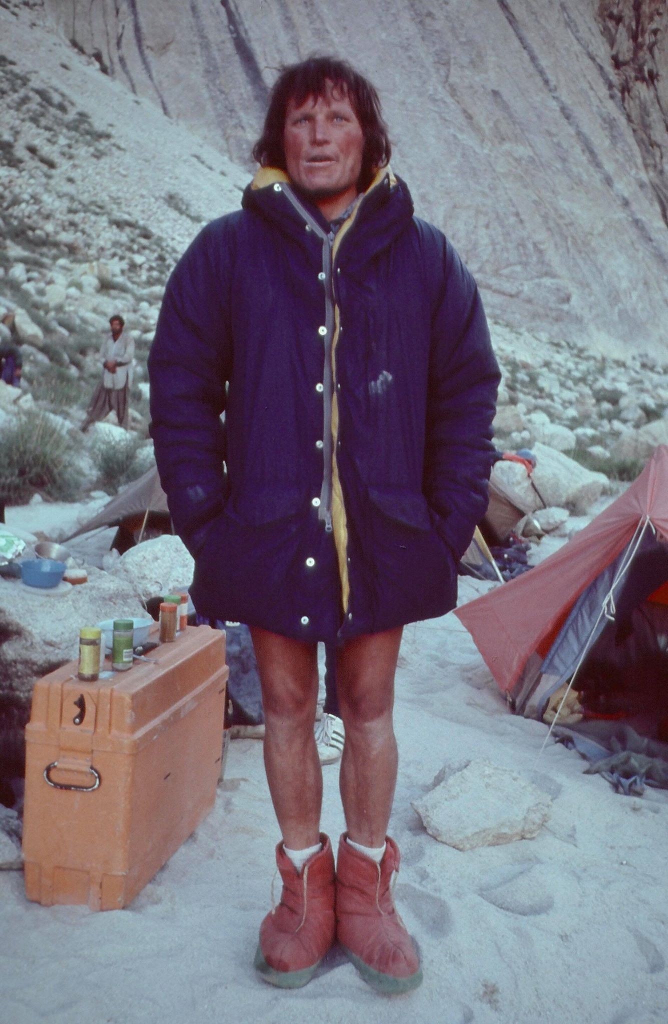Kim at Great Trango Tower base camp, 1977. [Photo] Galen Rowell, Kim Schmitz collection