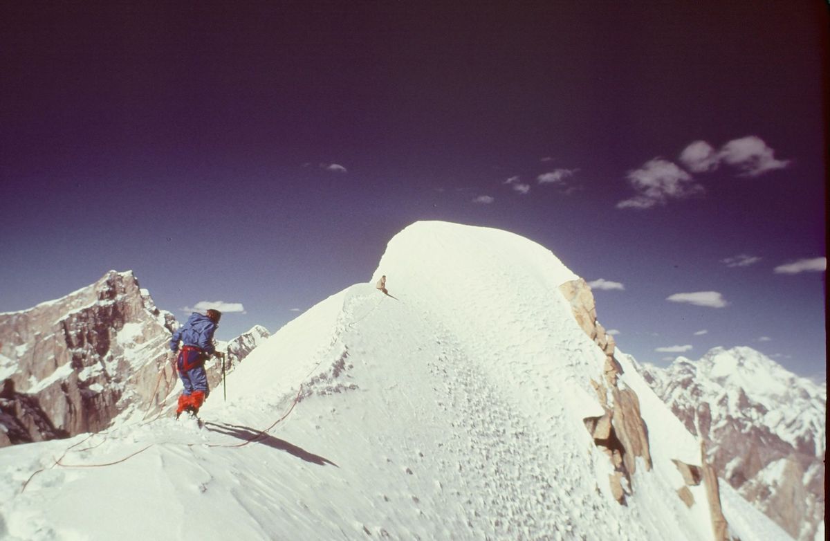 Roskelley approaching the summit of Great Trango Tower. [Photo] Galen Rowell or Dennis Hennek, Kim Schmitz collection