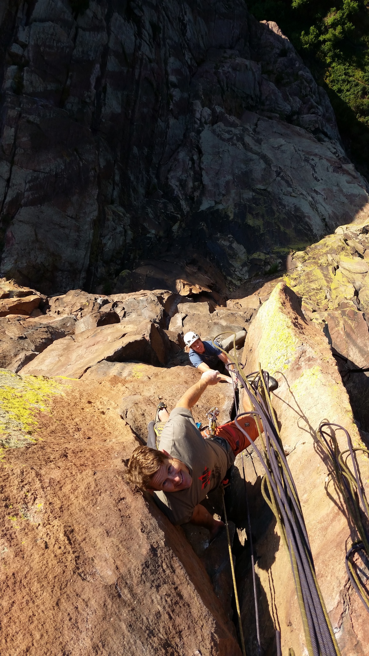 Wells and Robinson on the Naked Edge in Eldorado Canyon, Colorado. [Photo] Courtesy of Stefan Griebel