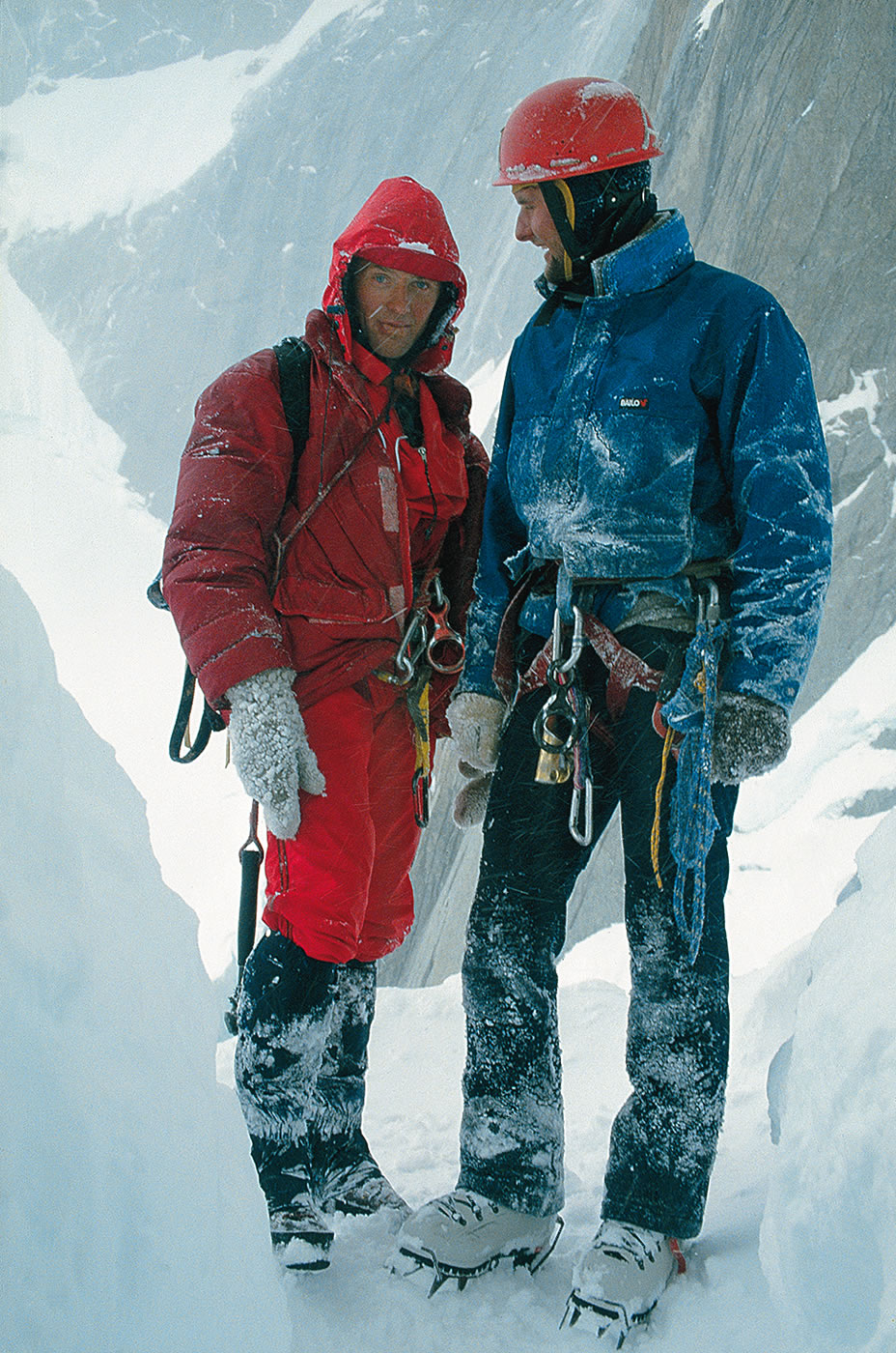 Knez and Jegli on Torre Egger (2850m), 1986, the year that they completed the first ascent of Psycho Vertical (5.11b A3 90 degrees, 900m) on the peak's south face, in a 22-hour round-trip push to the summit after fixing the first 550 meters. [Photo] Silvo Karo