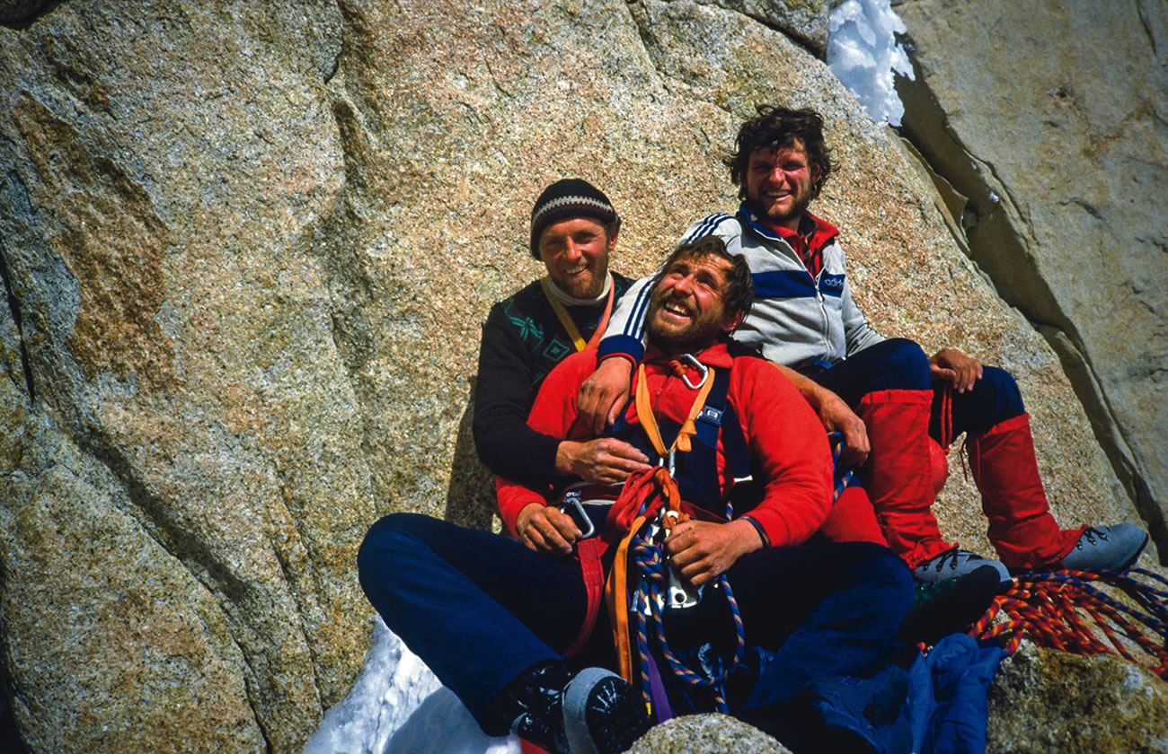 The Three Musketeers--Knez, Karo and Jegli--on Fitz Roy, 1983, when they made the first ascent of Hudieva Zajeda, a line that ends at a high col at the junction with the Casarotto Route. It awaits a second ascent and a first integral ascent to the summit. [Photo] Silvo Karo