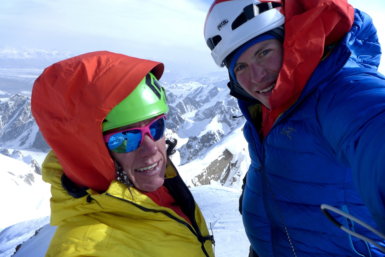 Papert, left, and Lindic pose on top of Kyzyl Asker (5842m) in China after the first ascent of Lost in China (ED WI5+ M6, 1200m), October 1. [Photo] Ines Papert and Luka Lindic