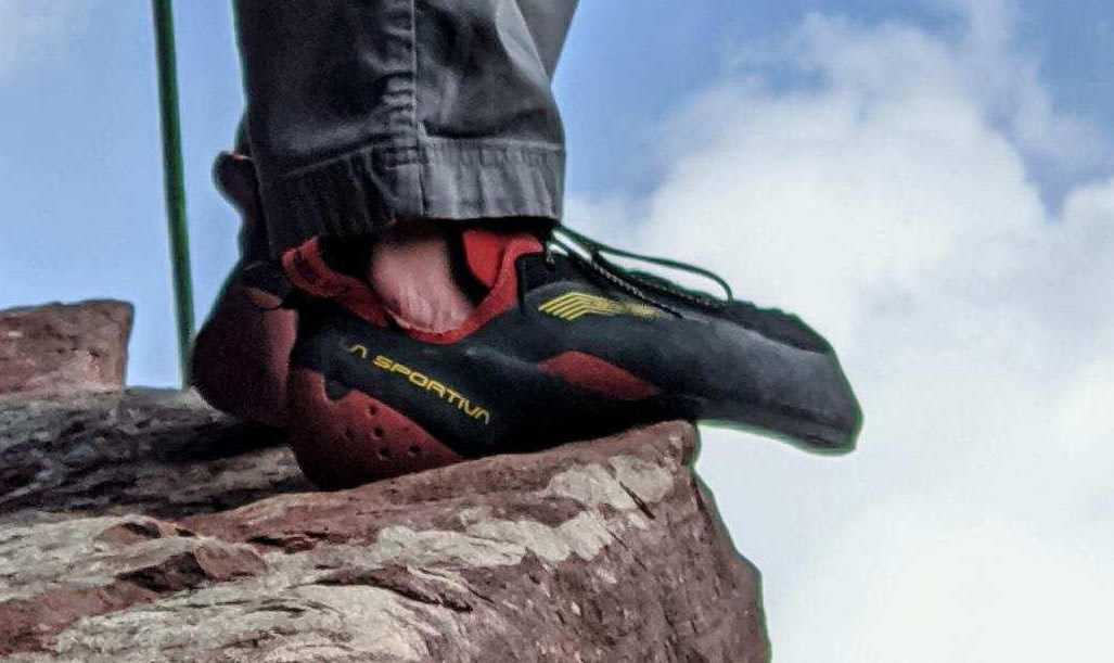 The La Sportiva Testarossa climbing shoes fit the author like a dream. [Photo] Nat Gustafson