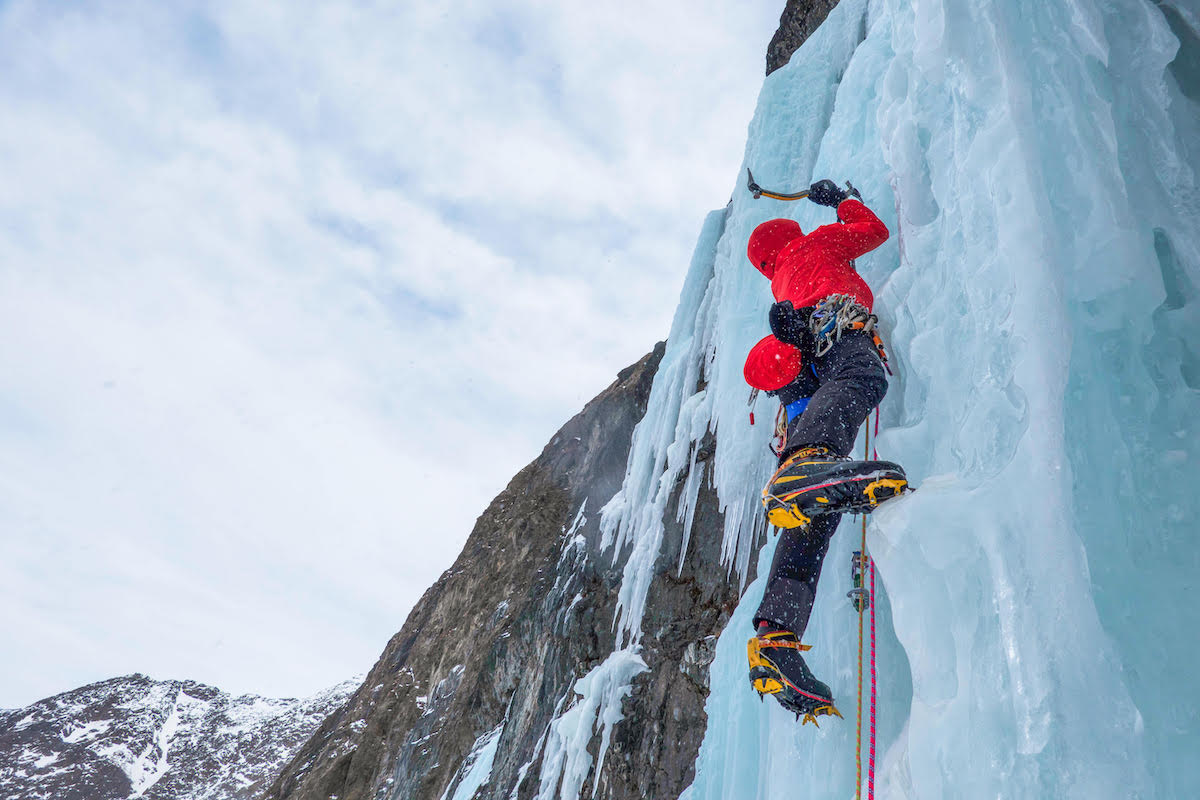 Clint Helander wearing the La Sportiva Trango Tower Extreme boots on an ice climb. [Photo] John Giraldo