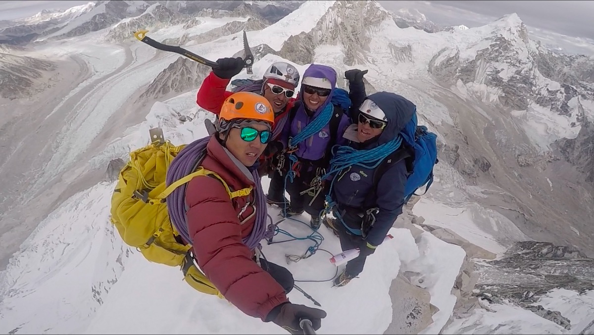 Dawa Yangzum Sherpa, her older brother Dawa Gyalje Sherpa, Pasang Kidar Sherpa and Nima Tenji Sherpa are pictured here (not in order of appearance) on top of Langdung (6357m) in Nepal after completing the mountain's first ascent on December 20, 2017. The ascent is included with 57 other climbs from 2017 that were considered for the Piolets d'Or Awards in Ladek, Poland this September. [Photo] Pasang Kidar Sherpa