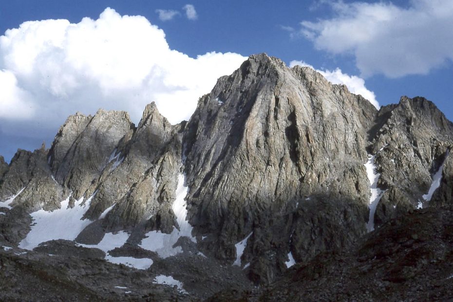 Ellingwood Peak (13,052'), the most prominent in the photo, with Notch Pinnacle (12,720'+) to the immediate left and Not Notch Pinnacle (12,760'+) farther left. [Photo] Joe Kelsey