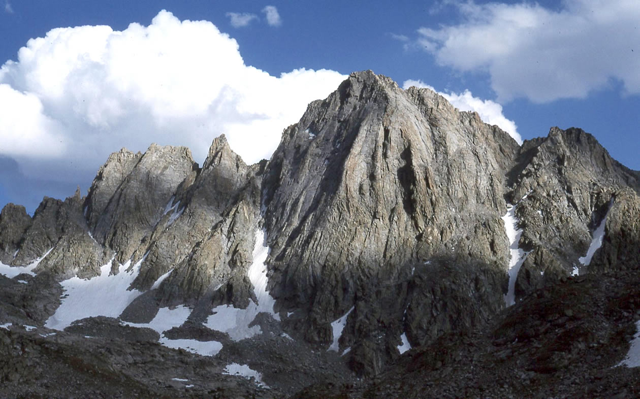 Ellingwood Peak (13,052'), the most prominent in the photo, with Notch Pinnacle (12,720'+) to the immediate left and Not Notch Pinnacle (12,760'+) farther left. [Photo] Joe Kelsey