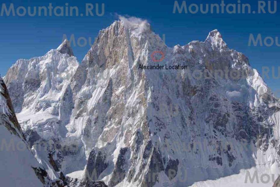 The North Ridge of Latok I with Alexander Gukov's position marked in red, where helicopters reached him July 31. [Photo] Courtesy of Mountain.RU