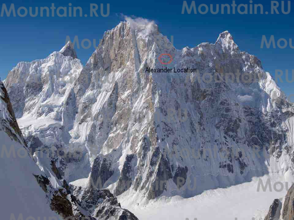 The North Ridge of Latok I with Alexander Gukov's position marked in red, where helicopters reached him July 31. [Photo] Courtesy of Mountain.RU