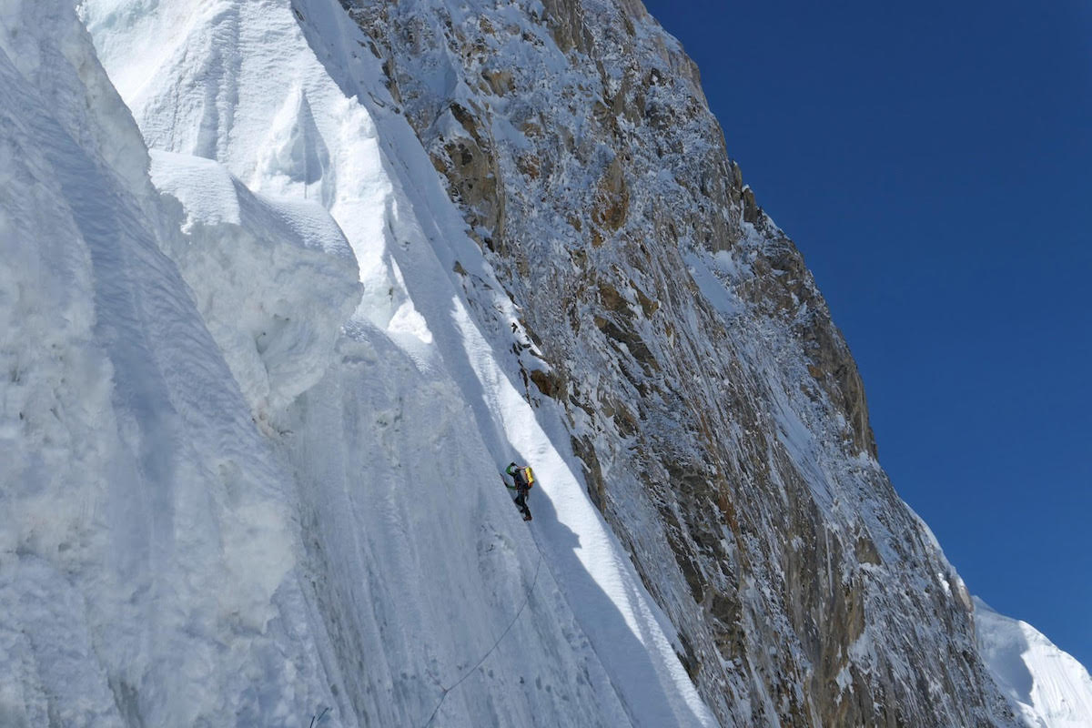 Strazar leads a traverse below snow mushrooms about halfway up the North Ridge. [Photo] Tom Livingstone