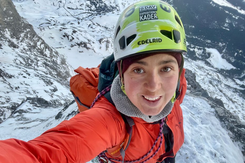 Laura Tiefenthaler smiles during her solo ascent of the Eiger North Face on March 25.