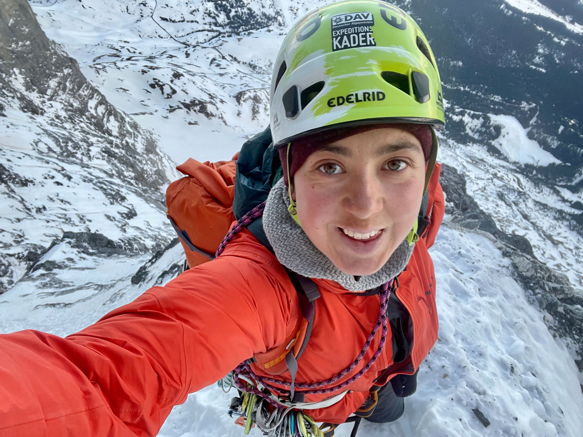 Laura Tiefenthaler smiles during her solo ascent of the Eiger North Face on March 25.
