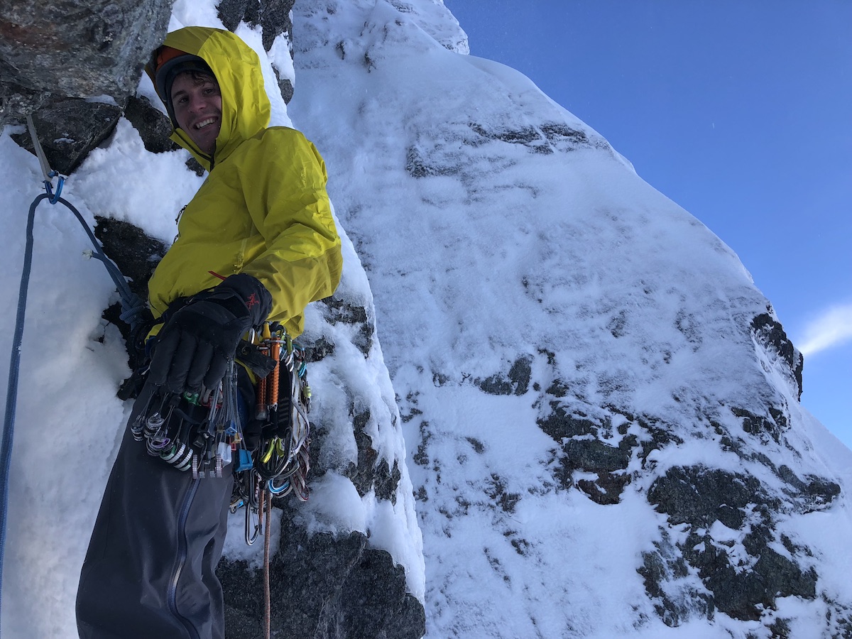 Leclerc on the first winter ascent of the Walter-Zanger route on the north face of Ledge Mountain, Squamish, British Columbia, with Brette Harrington, February 2018. [Photo] Brette Harrington
