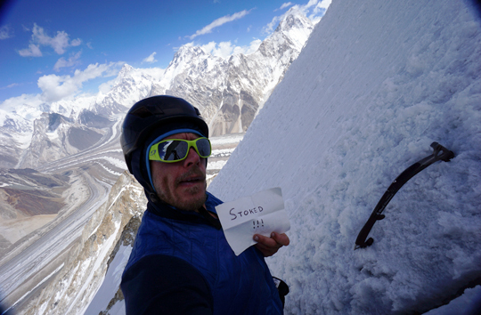Kyle Dempster soloed up to 6000 meters on Vigne peak to gain a better look around at the huge peaks surrounding him on the Baltoro Glacier in 2014. He'd traveled there to attempt Gasherbrum IV's Shining Wall with Urban Novak, but they called off their expedition after learning that some Slovenian friends of Novak's were missing, and Novak felt the need to return home to be with the surviving friends and family. Dempster commended Novak's decision, recalling the loss of his own cousin in a rappelling accident on Baffin Island in 2005. [Photo] Kyle Dempster