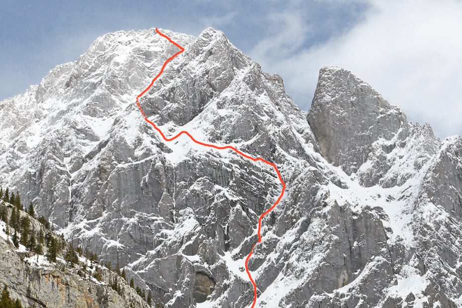 Life Compass (IV 5.10a M4+ 80 degrees, TD+, 980m) on Alberta, Canada's Mt. Blane. [Image] Brette Harrington