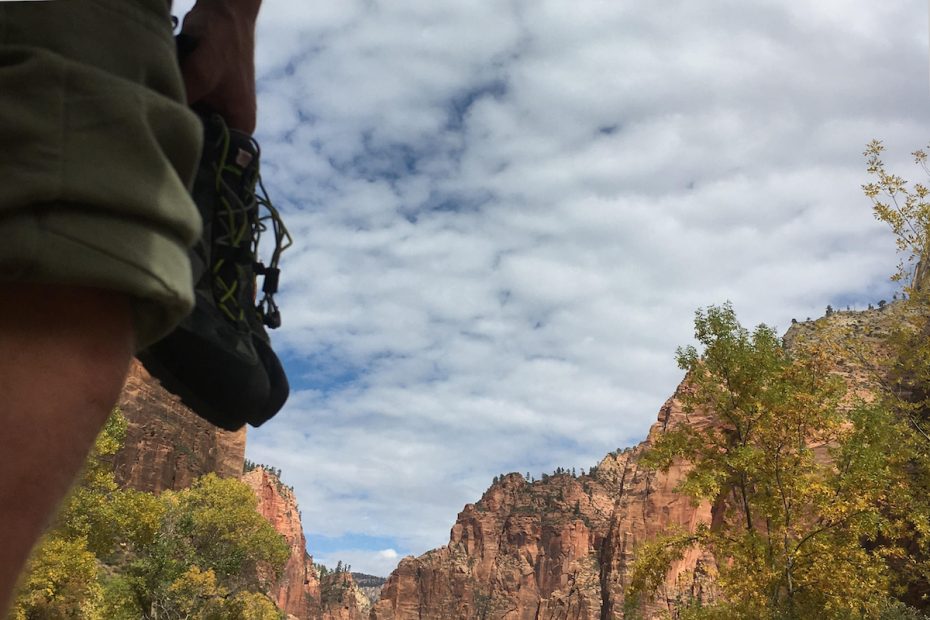 Wading across the Virgin River in Zion with the Lowa Approach Pro Los in hand. [Photo] Derek Franz