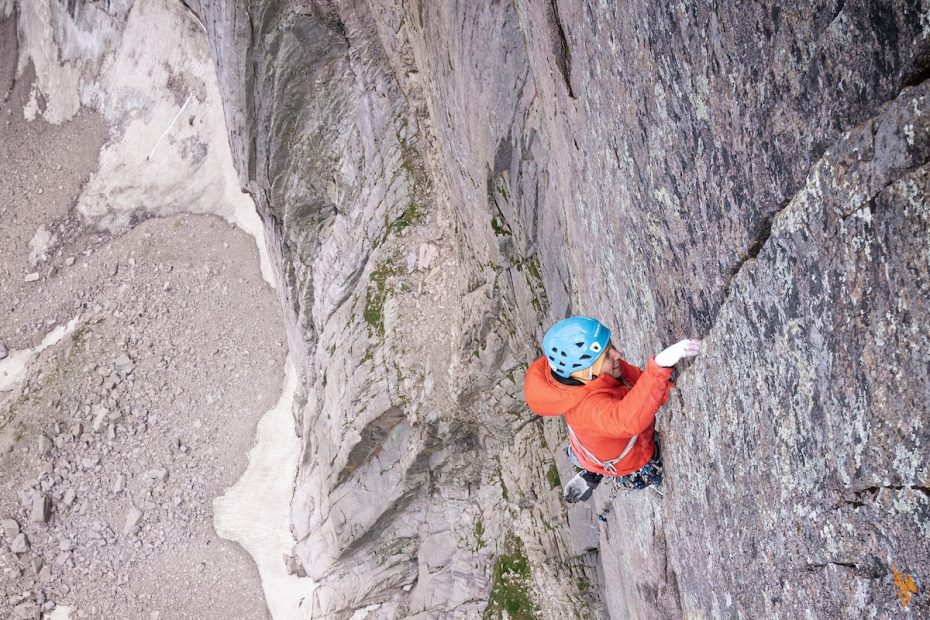 Madaleine Sorkin during her free ascent of the Dunn-Westbay Direct (IV 5.14-, 4 pitches, 1,000') on the Diamond of Longs Peak (Neniisotoyou'u, 14,255') on August 10. [Photo] Henna Taylor