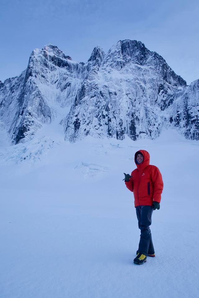 Ryan Johnson, in front of the Main Tower of the Mendenhall Towers, Alaska