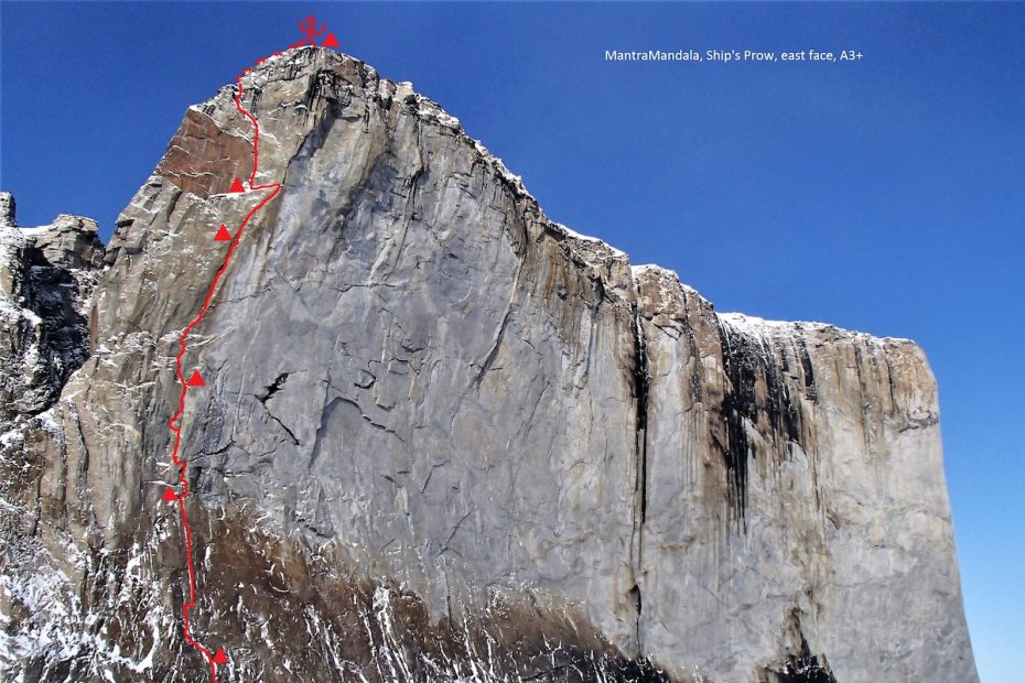 The east face of the Ship's Prow with MantraMandala (VI A3+, 450m) marked in red. [Photo] Marek Raganowicz