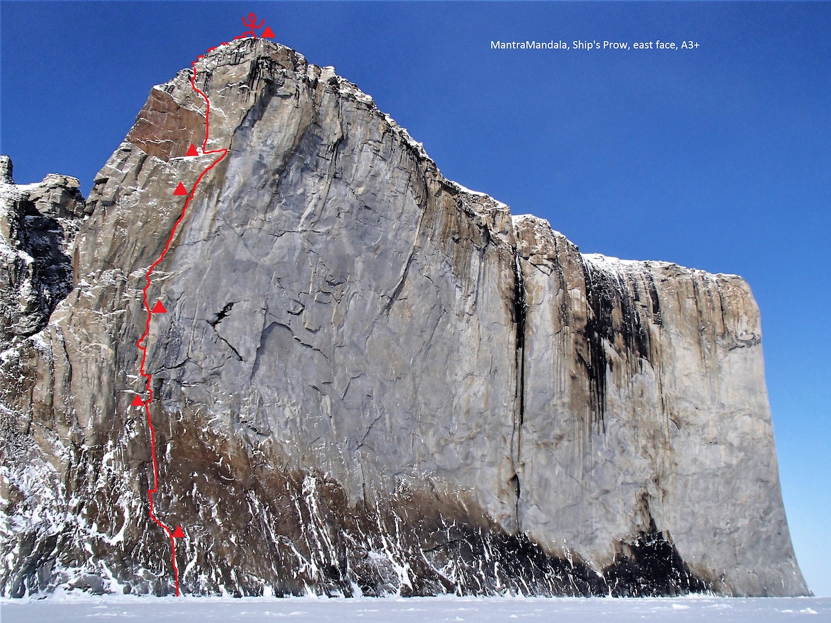 The east face of the Ship's Prow with MantraMandala (VI A3+, 450m) marked in red. [Photo] Marek Raganowicz