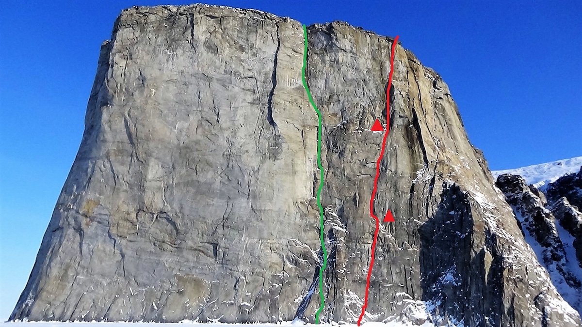 The north face of the Ship's Prow with Secret of Silence (VI A4, 600m) marked in red. Mike Libecki's 1999 route Hinayana (VI 5.8 A3+, 600m) is marked in green. [Photo] Marek Raganowicz