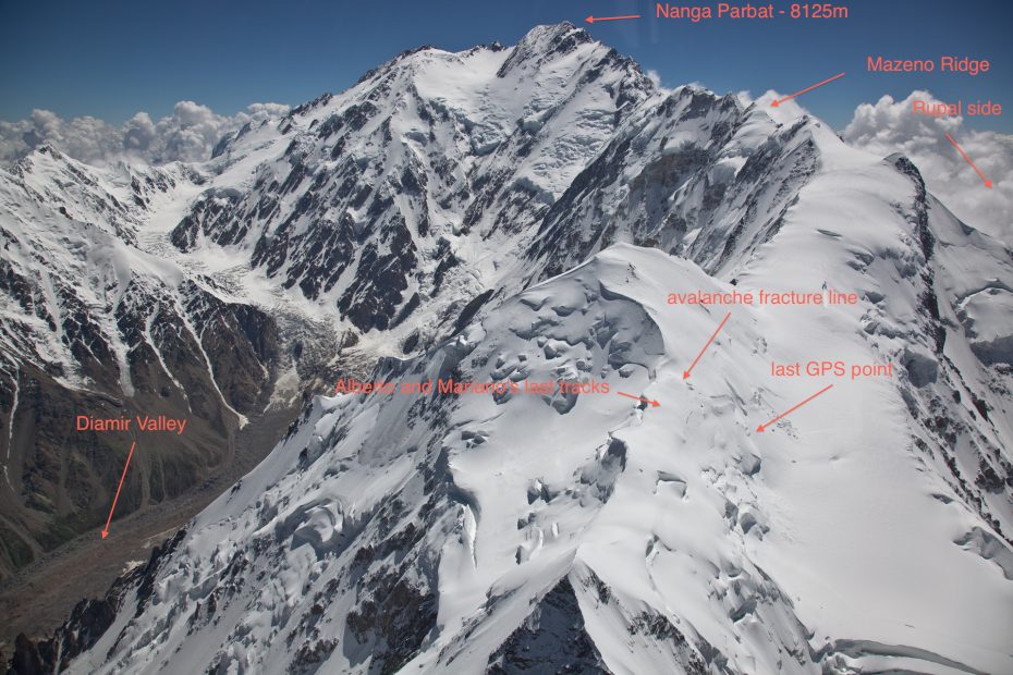 This photo taken during the helicopter search on July 1 shows where Mariano Galvan and Alberto Zerain disappeared on Nanga Parbat's Mazeno Ridge. [Photo] Alex Gavan