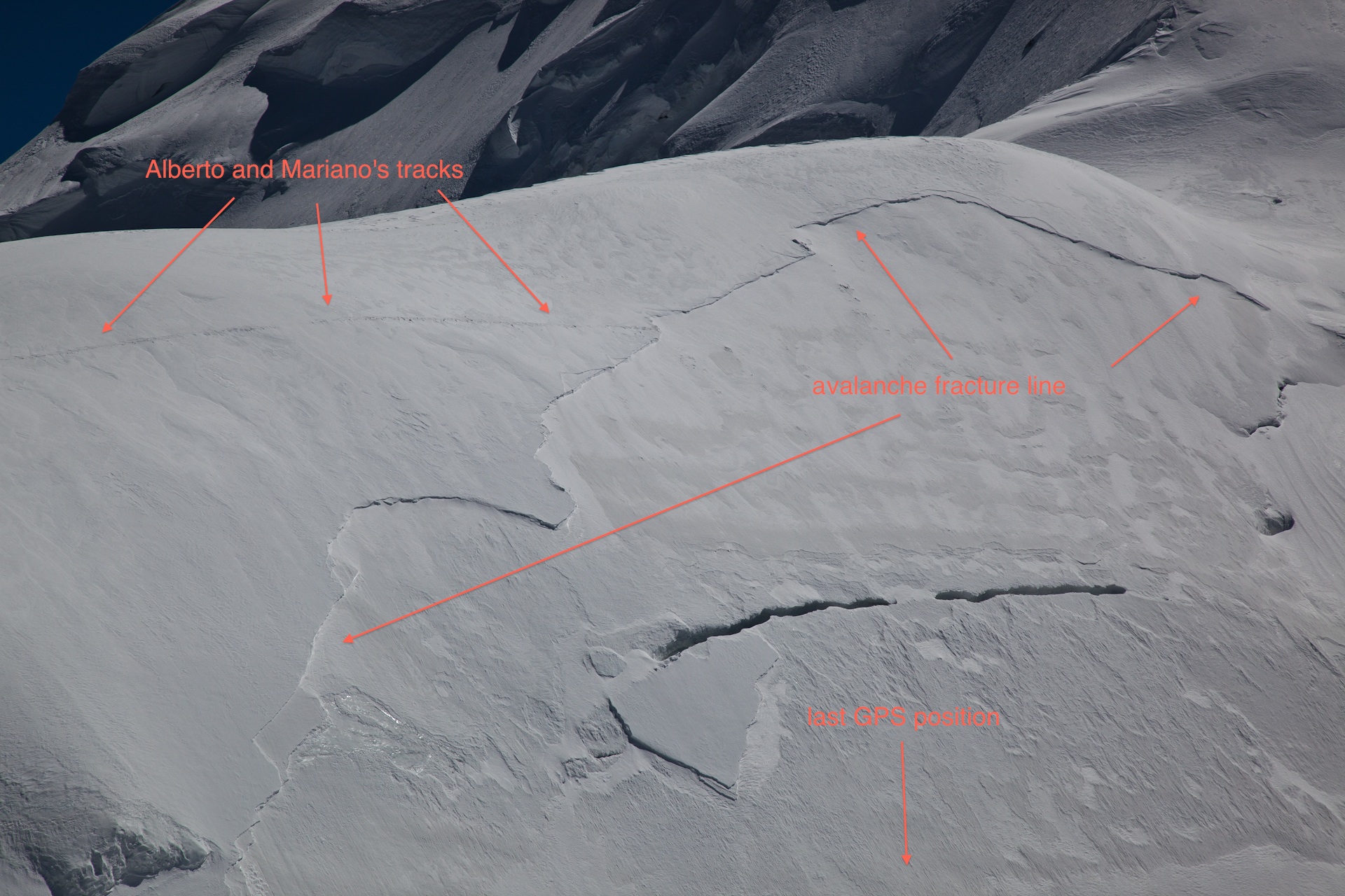 These photos were taken during the helicopter search and show the missing climbers' tracks disappearing into the crown line of a massive avalanche on Nanga Parbat's Mazeno Ridge. [Photo] Alex Gavan