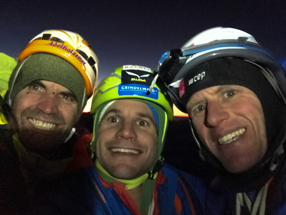 From left to right, Huber, Schaeli and Siegrist smile after completing the second ascent of Metanoia more than 25 years after Jeff Lowe established the legendary route that became a turning point in his life. [Photo] Archive Metanoia