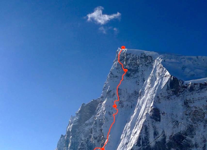 he red line shows Mick Fowler and Victor Saunders' line of ascent on Sersank Peak (6050m) via the North Buttress (ED 1100m).