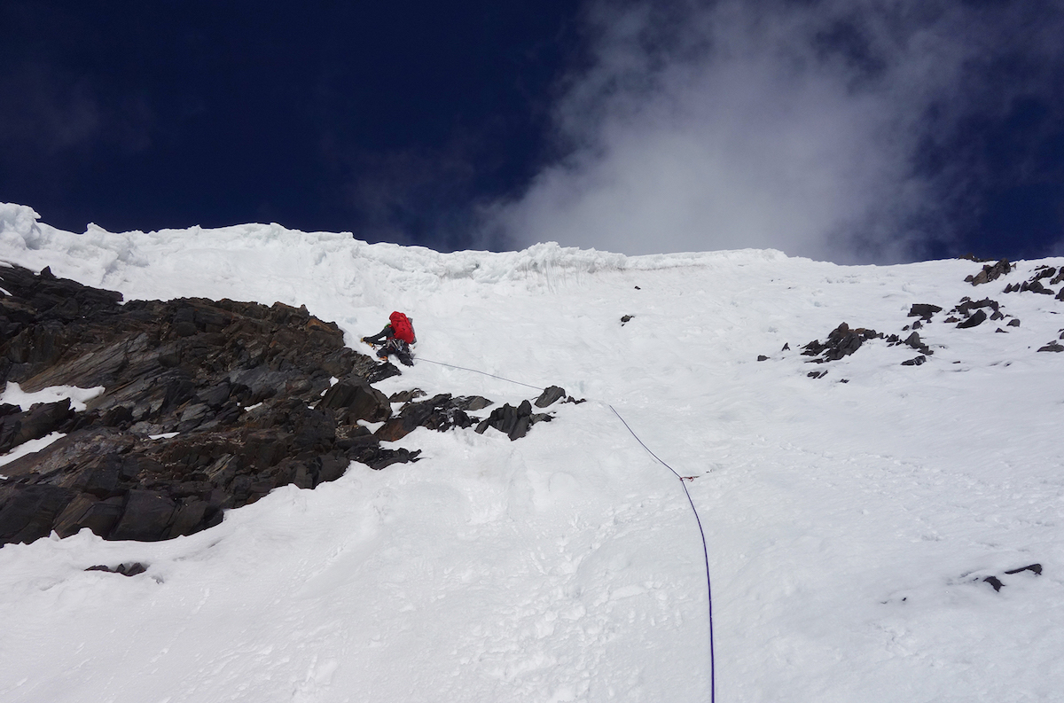 Mora leading on Praqpa Ri South (7046m), which was the team's primary objective for the trip but Montero had to leave after summiting Mirchi Peak, so Bosch and Mora continued as a team of two. [Photo] Andres Bosch