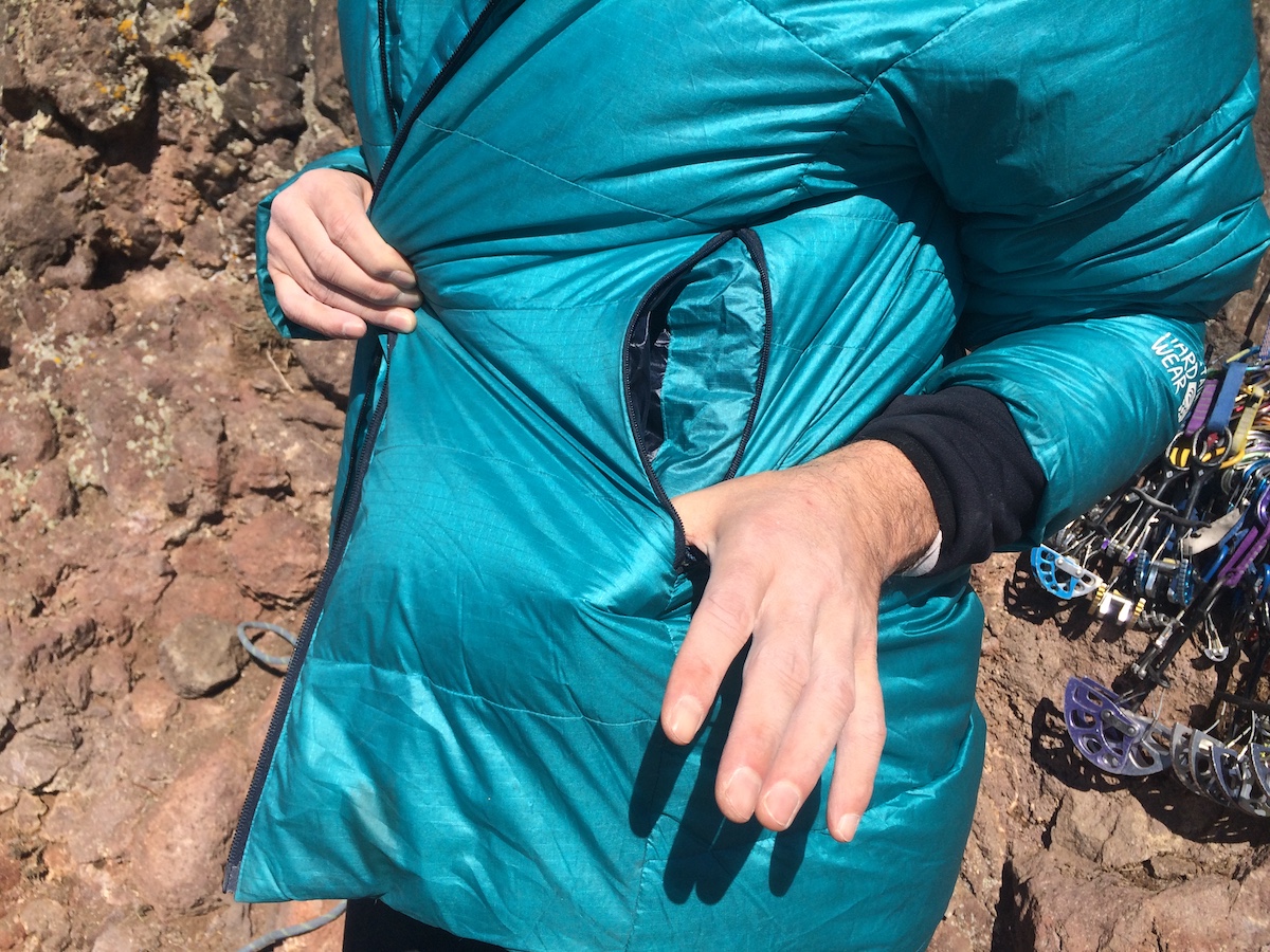The Phantom Down Parka has deep side pockets that are placed high enough above the hips to make them accessible when wearing a harness. [Photo] Catherine Houston