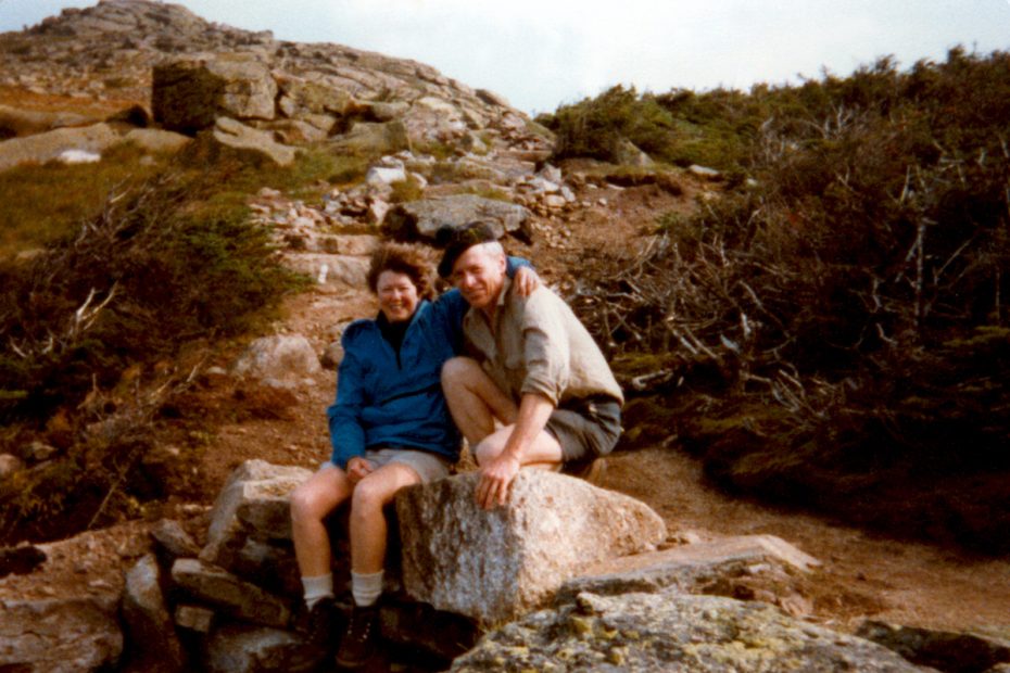 Laura and Guy Waterman are pictured here on the Franconia Ridge in New England's Presidential Range during the mid-1980s, when they were very involved with trail work under the Appalachian Mountain Club's adopt-a-trail program. We and some of our trail work friends had recently placed those rocks at the head of Walker Ravine in an attempt to reinforce the drainage and stabilize the trail, she told Alpinist. [Photo] Waterman family collection