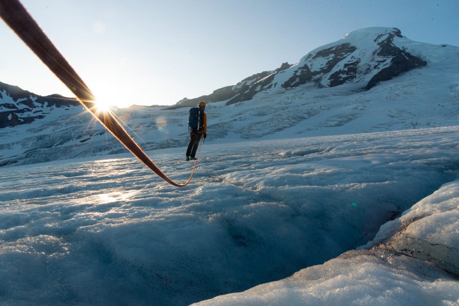 Bradley Briggs ascends broken terrain on the Coleman Glacier of Koma Kulshan (Mt. Baker), Washington. [Photo] Matthew Tangeman