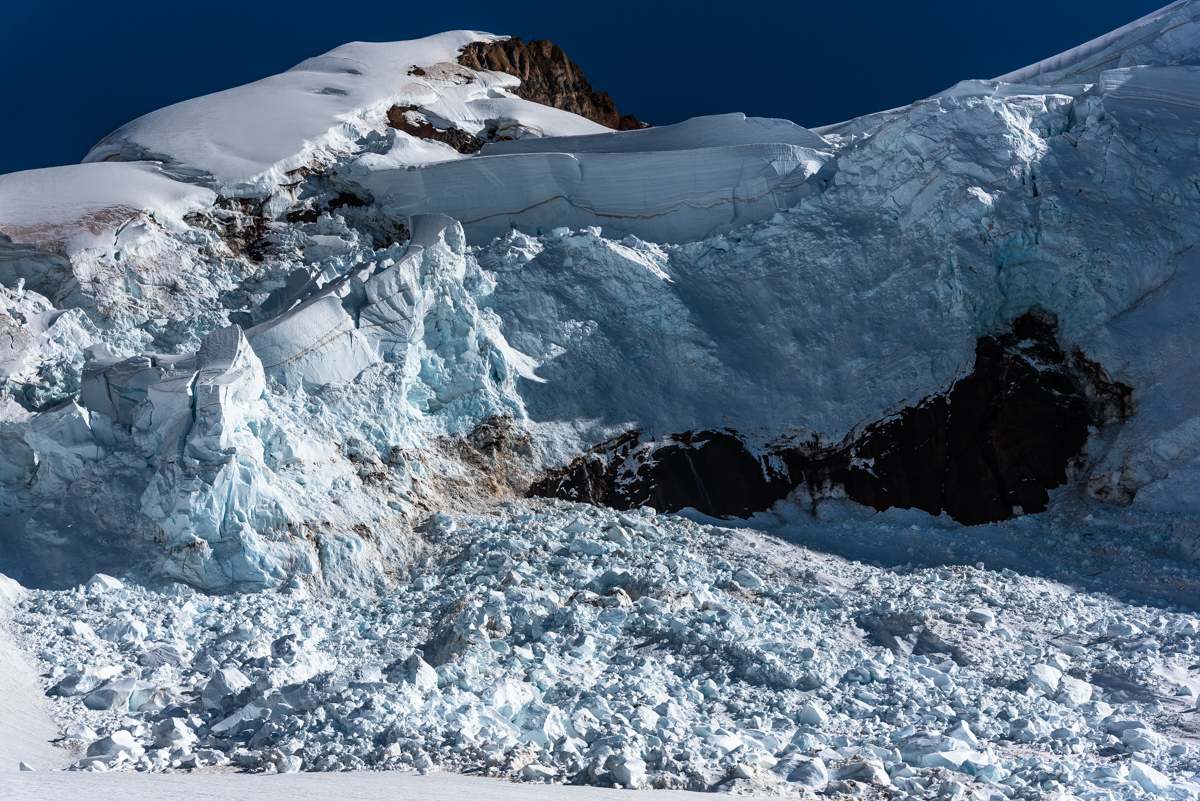 This photo shows the icefall below Colfax Peak that blocked the standard route on the Coleman Glacier. [Photo] Matthew Tangeman