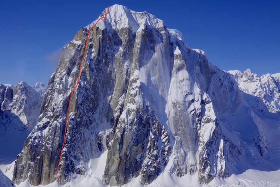 Aim For the Bushes (AI6 M6 X, 5,250) on the east face of Mt. Dickey, Ruth Gorge, Alaska. [Photo] Matt Cornell, Jackson Marvell and Alan Rousseau collection