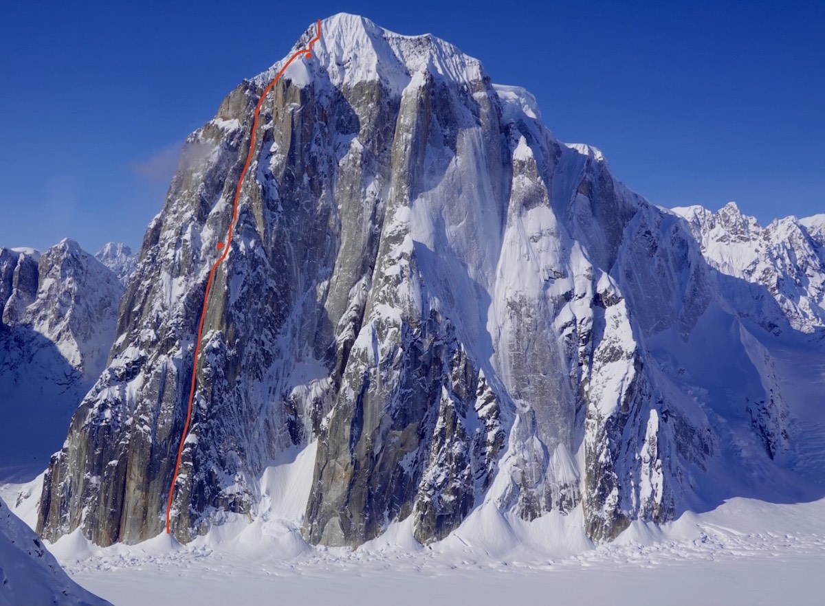 Aim For the Bushes (AI6 M6 X, 5,250) on the east face of Mt. Dickey, Ruth Gorge, Alaska. [Photo] Matt Cornell, Jackson Marvell and Alan Rousseau collection