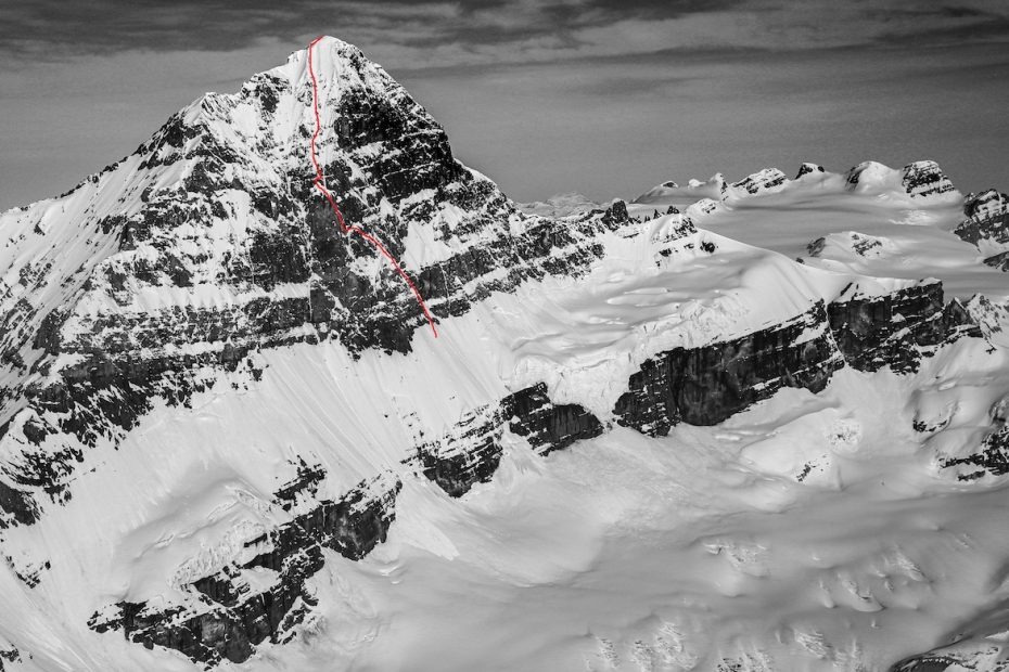 Mt. Forbes (3612m) with the East Face line (M4 WI3) climbed by Quentin Lindfield Roberts and Alik Berg drawn in red. [Photo] John Scurlock