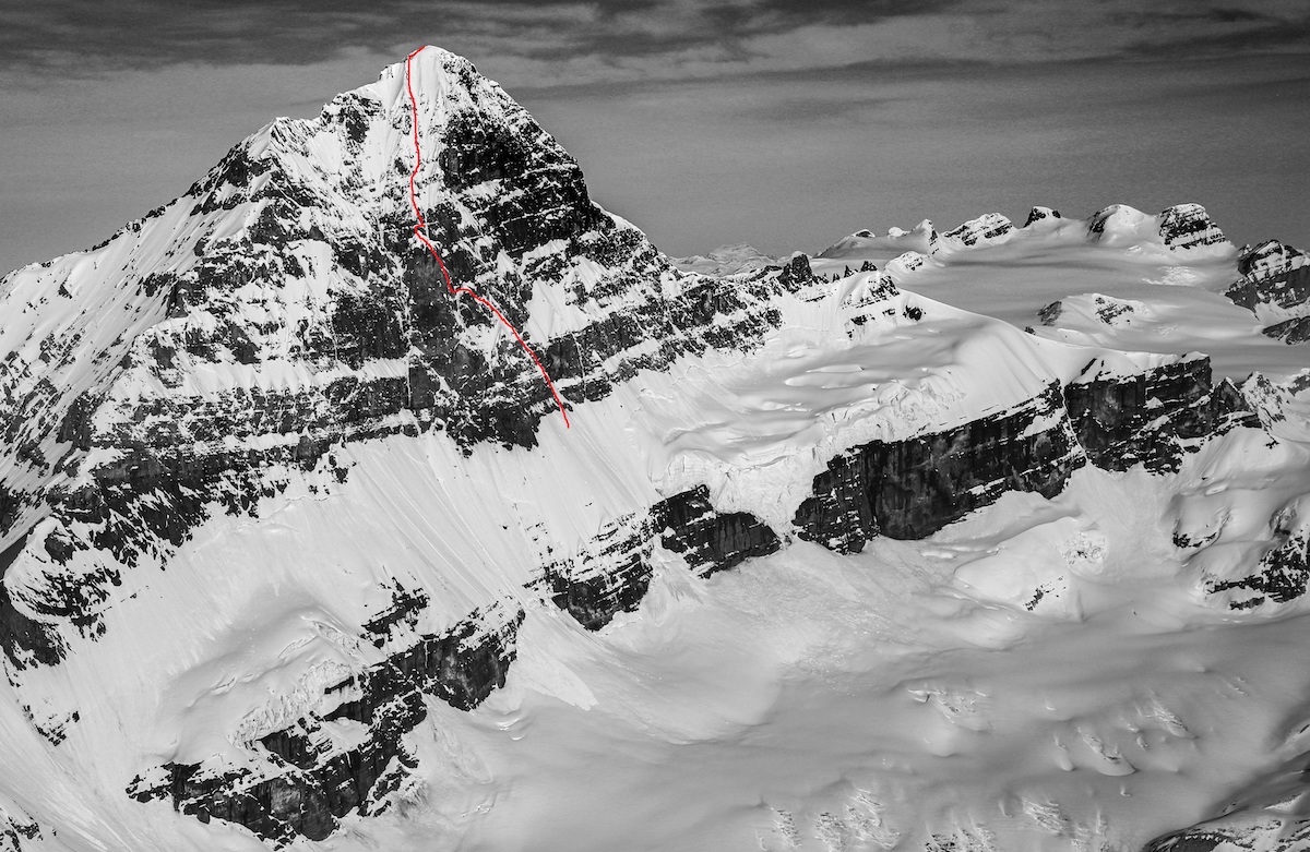 Mt. Forbes (3612m) with the East Face line (M4 WI3) climbed by Quentin Lindfield Roberts and Alik Berg drawn in red. [Photo] John Scurlock