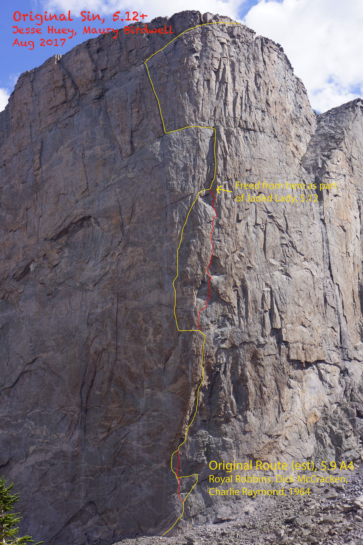 The yellow line shows the Original Route and the red lines mark the free variations of Original Sin. A route description and topo can be found here on MountainProject.com. [Image] Maury Birdwell