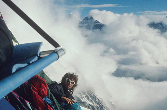 From Conrad Anker's The City and The Blade in Alpinist 38. Mugs Stump on the Spanish Pillar of Meru North (6450m) in 1988. [Photo] Steve Quinlan