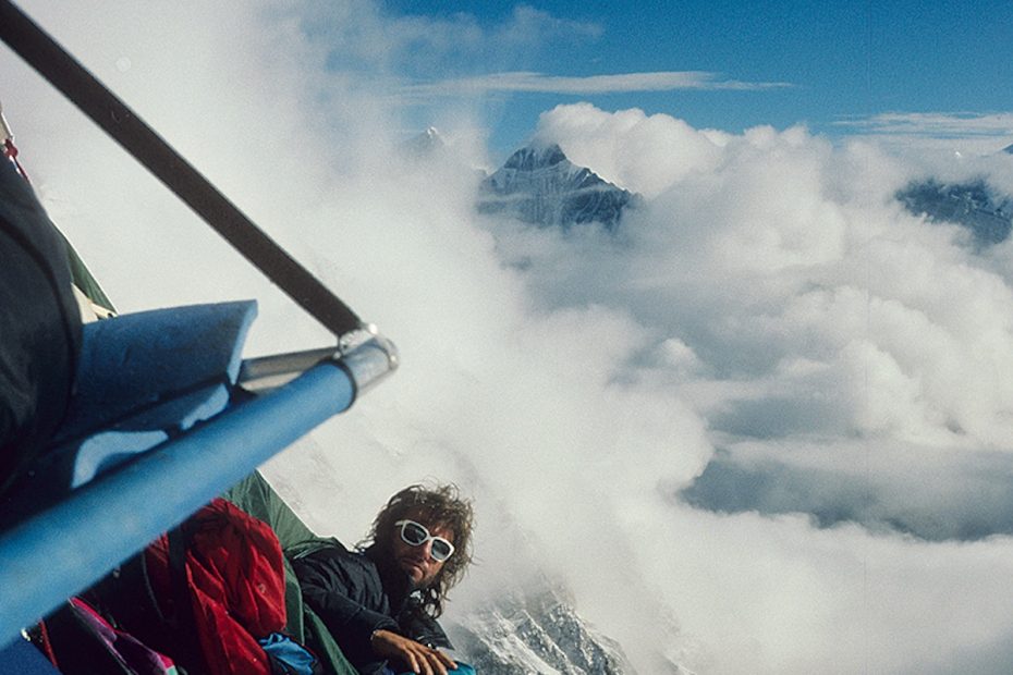 From Conrad Anker's The City and The Blade in Alpinist 38. Mugs Stump on the Spanish Pillar of Meru North (6450m) in 1988. [Photo] Steve Quinlan