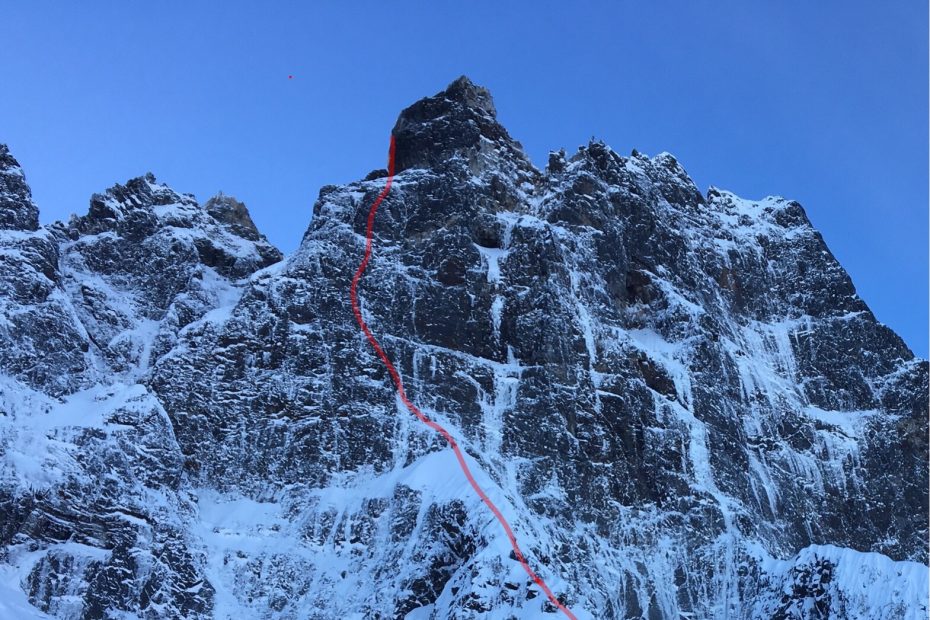 The red line shows the route taken by Marc-Andre Leclerc and Tom Livingstone on January 3 for the first winter ascent of the Navigator Wall on Canada's Mt. Slesse. They estimated the difficulties to be M7+ R or Scottish VIII or IV, according to Livingstone. [Photo] Marc-Andre Leclerc