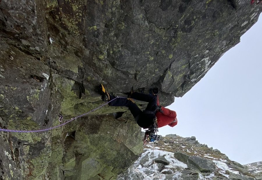 Nicolodi starts up the crux pitch of The Resistance, a pick seam that widens to a 5-inch offwidth, on an attempt last February. [Photo] Adam Bidwell