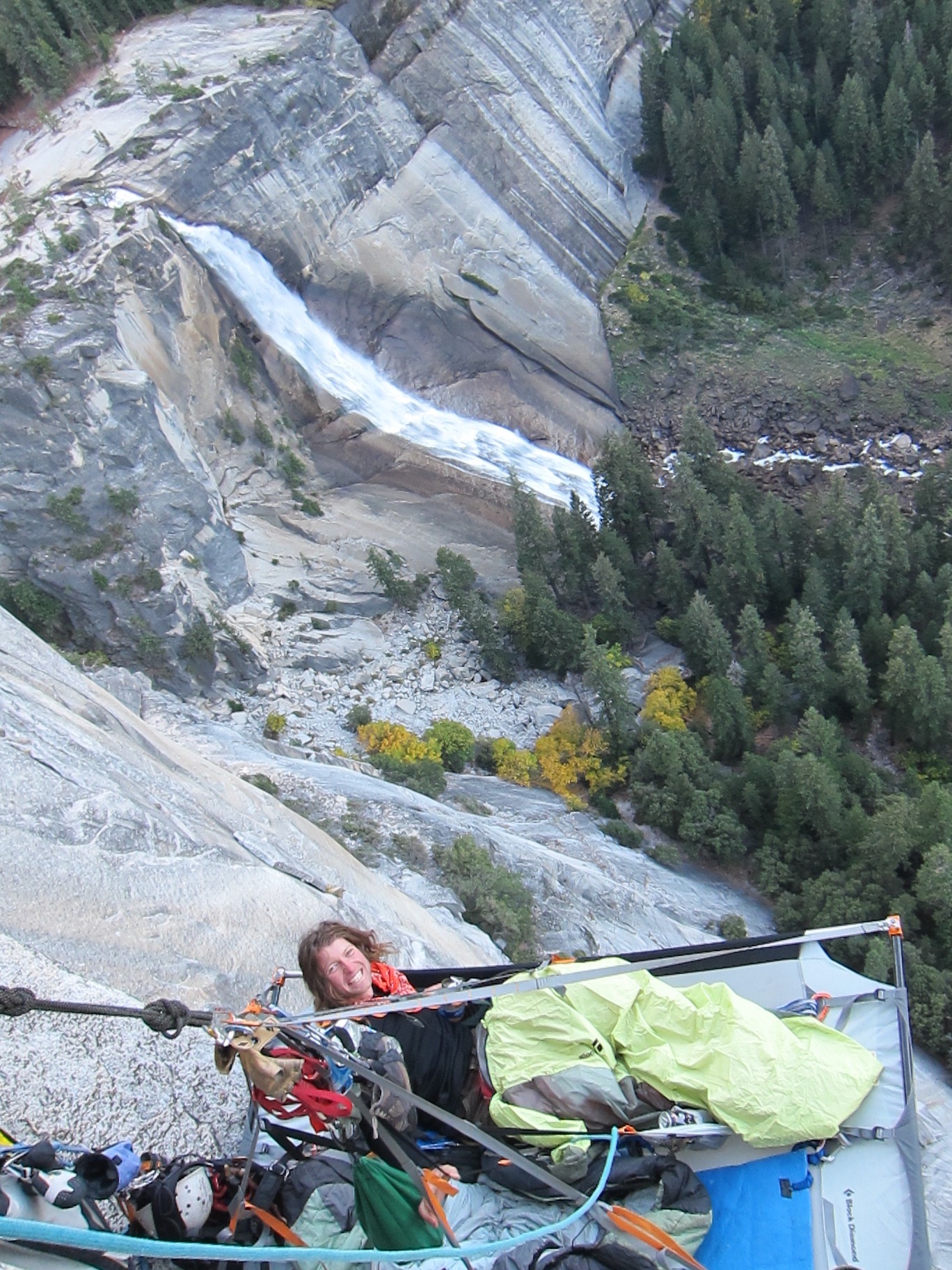 Vertical camping in hopes of finding a free variation on the Southwest Face of Liberty Cap. [Photo] Libby Sauter