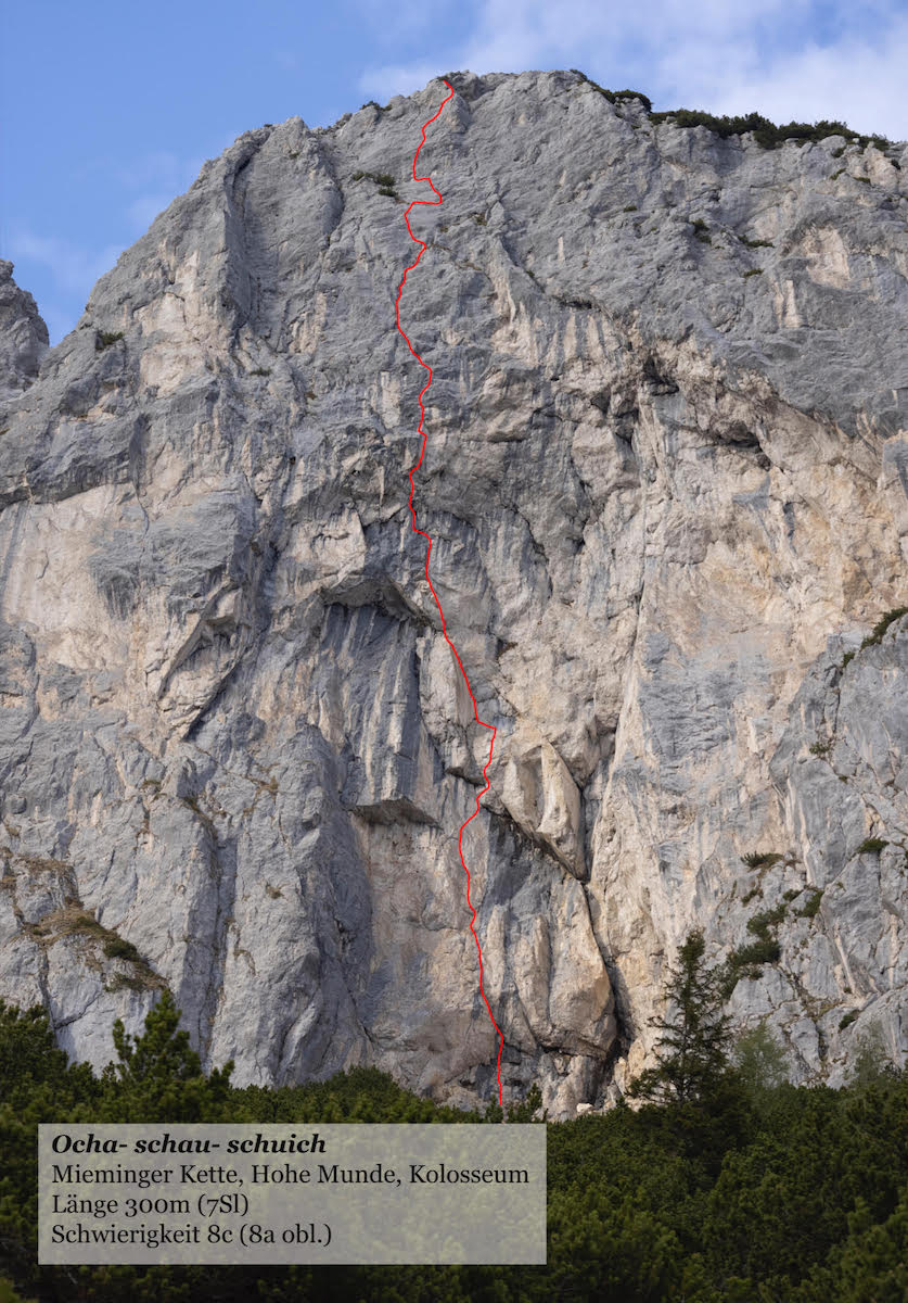 The red line shows Schranz's seven-pitch route Ocha-Schau-Schuich (8c [5.14b], 300m), which he established first as a ground-up rope solo, with mandatory sections of free climbing up to 8a (5.13b) over 20 days before freeing the entire line in a day with support from partners. [Image] Christoph Schranz / Johannes Mair / Alpsolut Pictures
