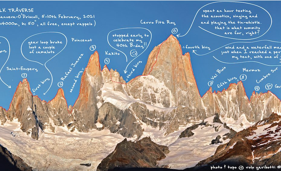 Overview of Sean Villanueva O'Driscoll's solo Moonwalk Traverse (Fitz Roy massif, south to north: 5.11, 50° snow/ice, 4000m). [Image] Courtesy of Rolando Garibotti, PatagoniaVertical.com