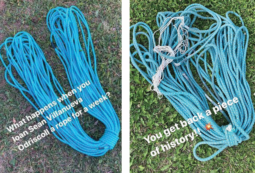 Before-and-after images of the rope that Rolando Garibotti posted to Instagram Stories following O'Driscoll's first ascent of the Moonwalk Traverse. [Images] Courtesy of Rolando Garibotti, Patagonia Vertical