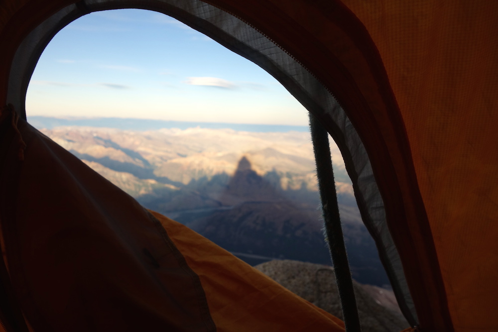 A view from the tent during the traverse, with the looming shadow of the Fitz Roy massif visible. [Photo] Sean Villanueva O'Driscoll