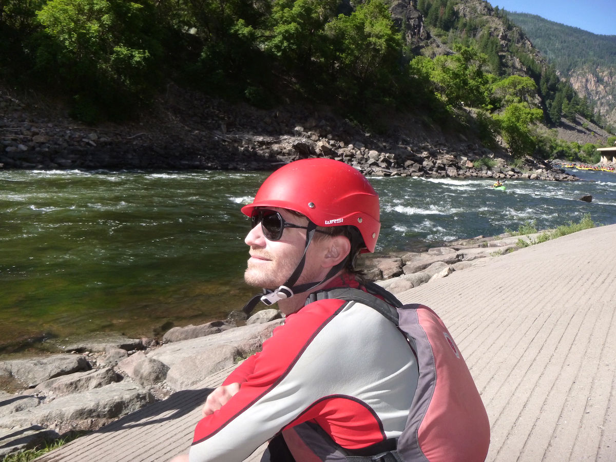Derek Franz wearing the Ombraz sunglasses comfortably under his kayak helmet along the Colorado River. [Photo] Mandi Franz