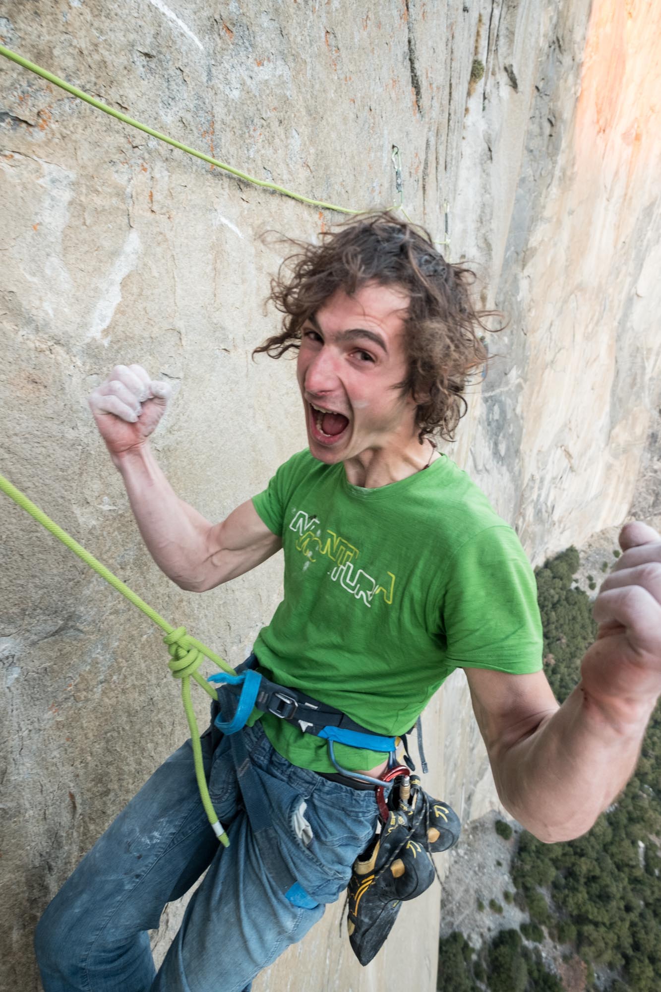 Adam Ondra celebrates on Wino Tower after finishing the most difficult pitches of the El Capitan's Dawn Wall (VI 5.14d). [Photo] Heinz Zak and Black Diamond Equipment